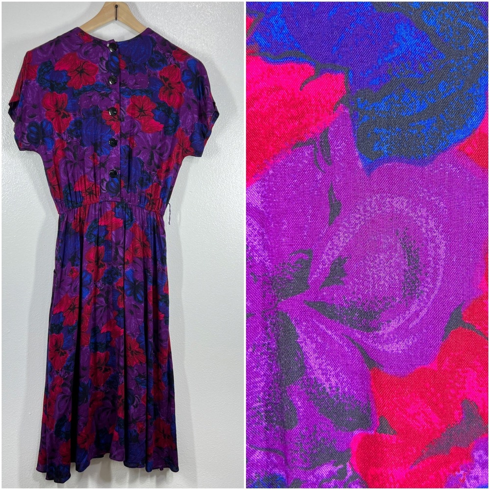 Pellini Petites Floral Midi Dress‎ Vintage 90s Button Back Pockets Purple Size 8